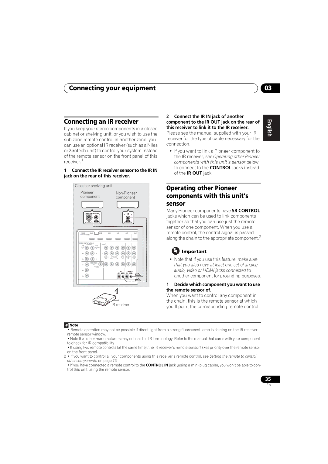 Pioneer 1020 Connecting your equipment Connecting an IR receiver, Decide which component you want to use the remote sensor 