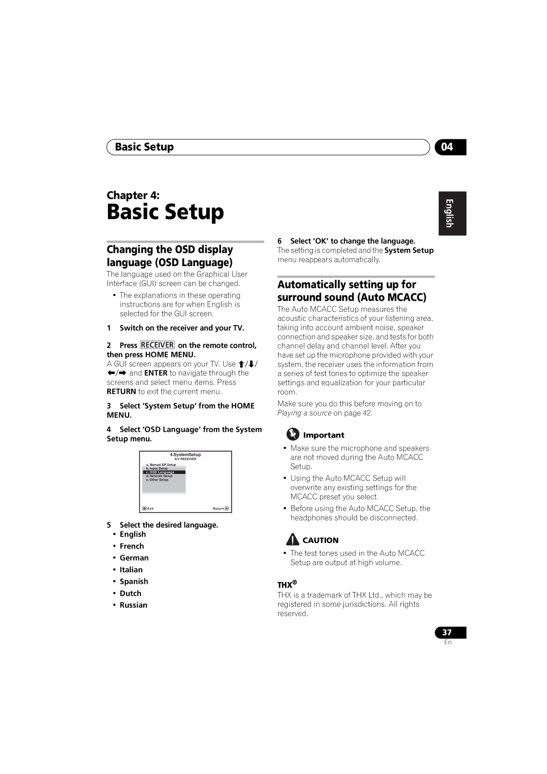 Pioneer 1020 manual Basic Setup Chapter, Changing the OSD display language OSD Language 