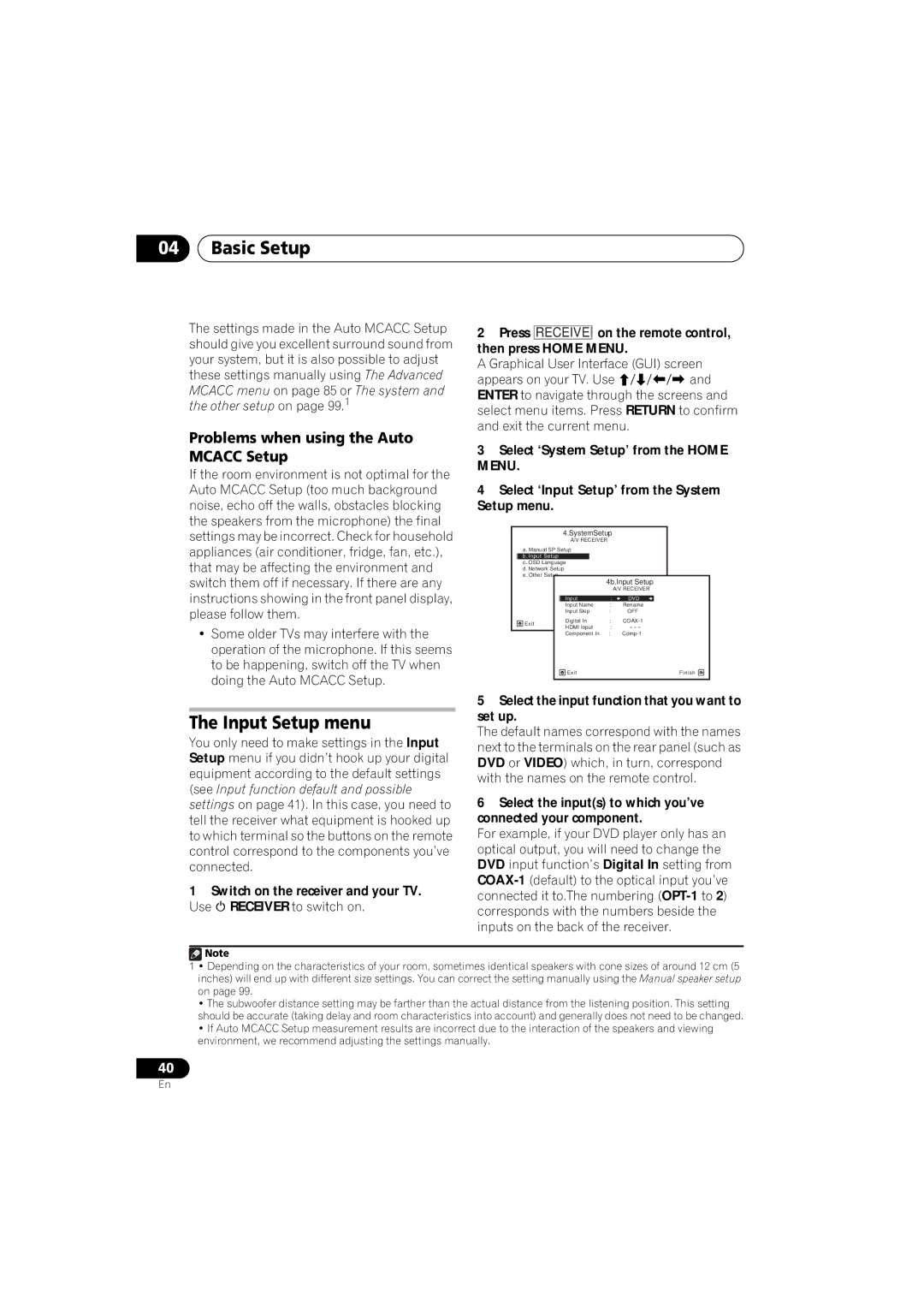 Pioneer 1020 Input Setup menu, Problems when using the Auto Mcacc Setup, Select the input function that you want to set up 