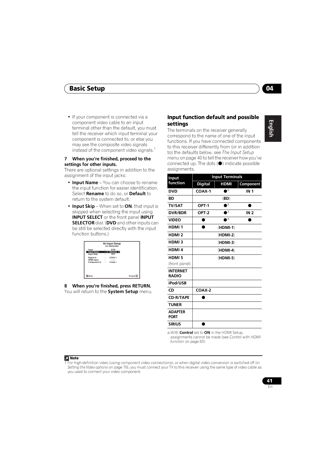 Pioneer 1020 manual Input function default and possible settings, Input Input Terminals Function Digital 