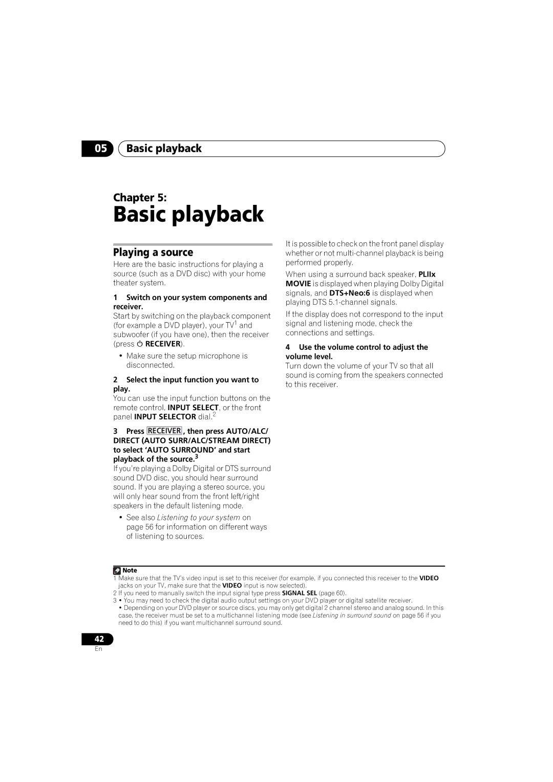 Pioneer 1020 manual Basic playback Chapter, Playing a source, Direct Auto SURR/ALC/STREAM Direct 