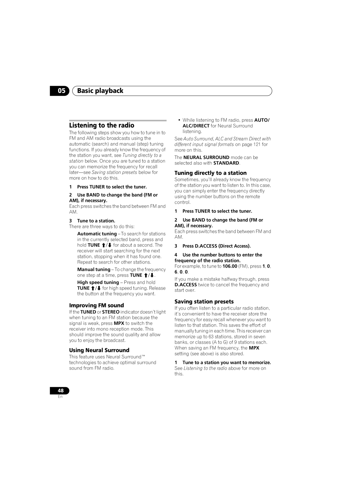 Pioneer 1020 Basic playback Listening to the radio, Improving FM sound, Using Neural Surround, Saving station presets 