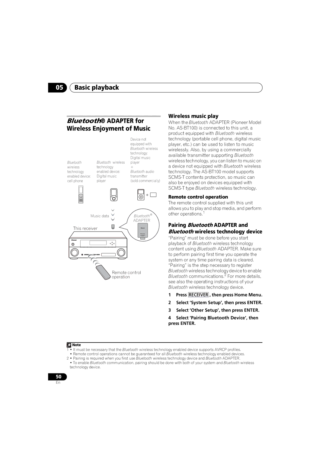 Pioneer 1020 manual Bluetooth Adapter for Wireless Enjoyment of Music, Wireless music play, Remote control operation 