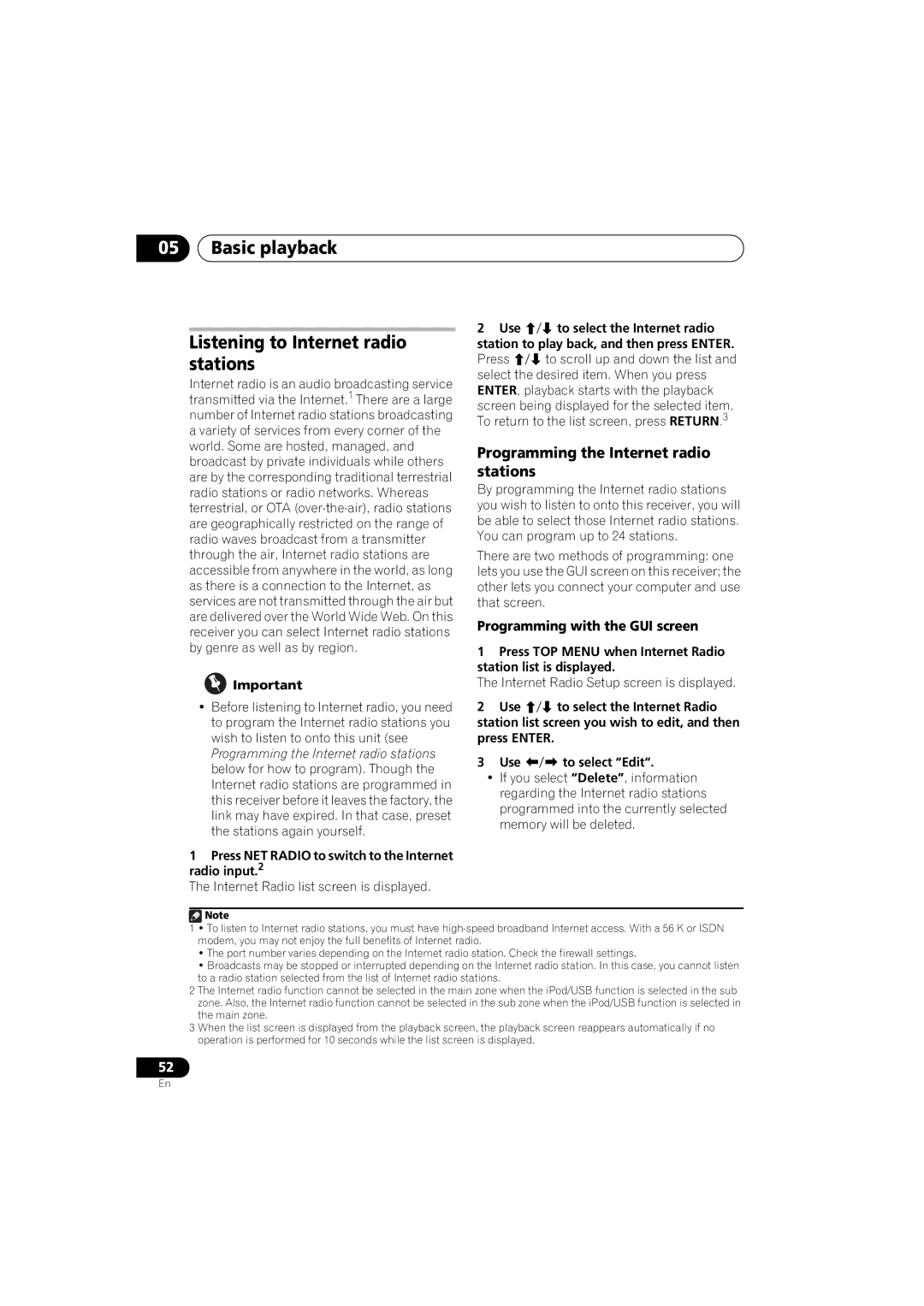 Pioneer 1020 manual Basic playback Listening to Internet radio stations, Programming the Internet radio stations 