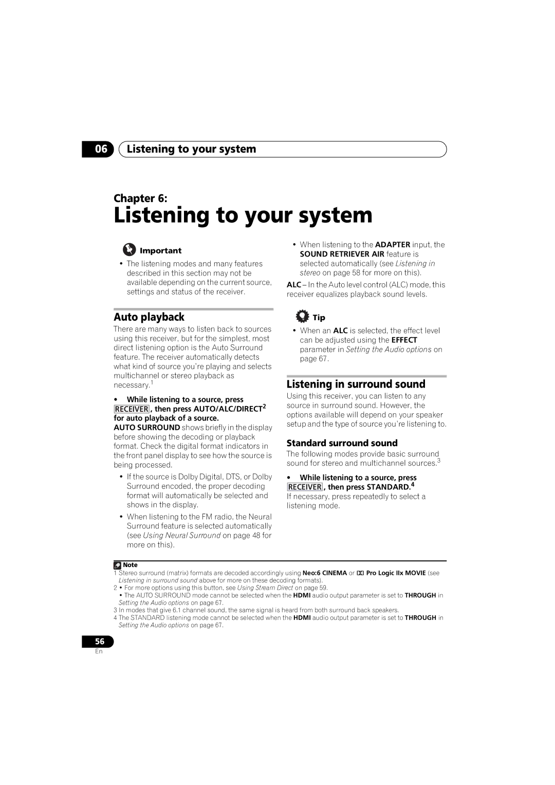 Pioneer 1020 Listening to your system Chapter, Auto playback, Listening in surround sound, Standard surround sound 