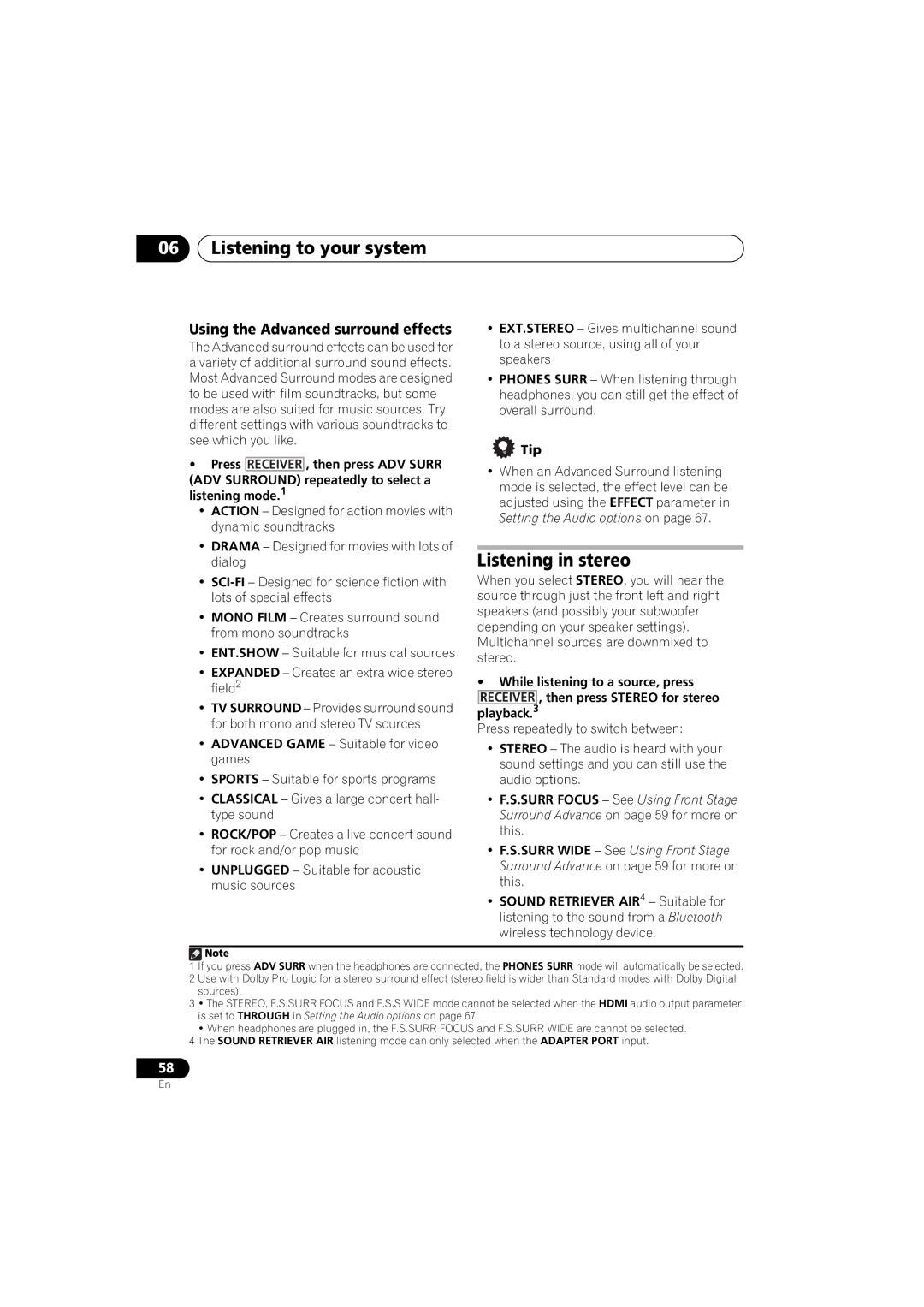 Pioneer 1020 manual Listening in stereo, Using the Advanced surround effects 