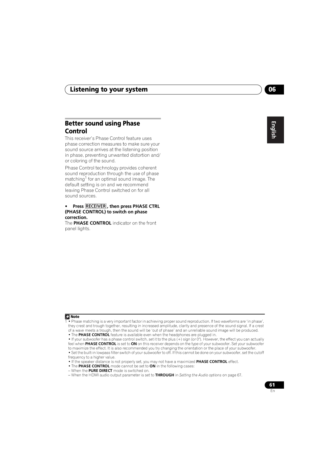 Pioneer 1020 Listening to your system Better sound using Phase Control, Phase Control indicator on the front panel lights 