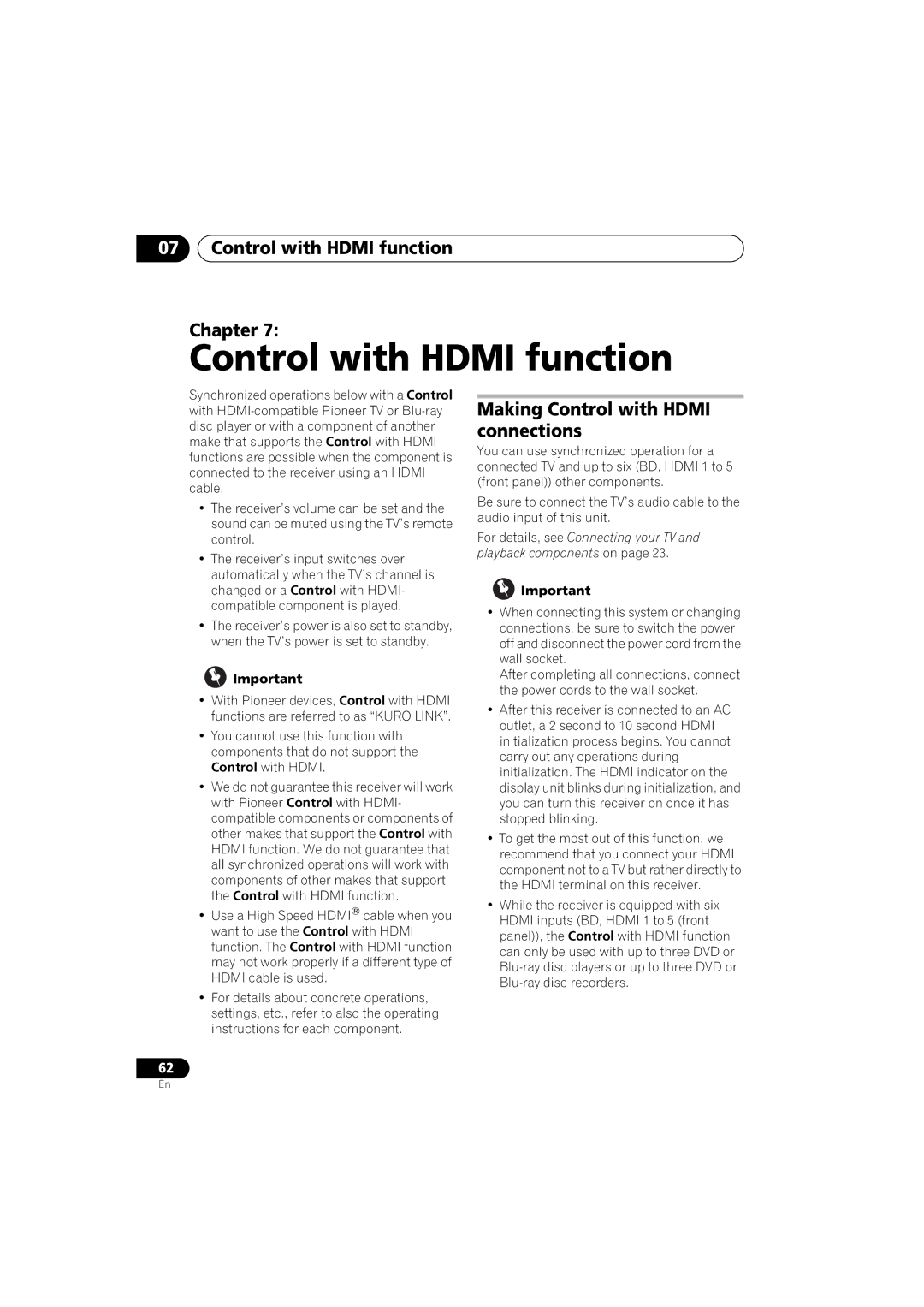 Pioneer 1020 manual Control with Hdmi function Chapter, Making Control with Hdmi connections 