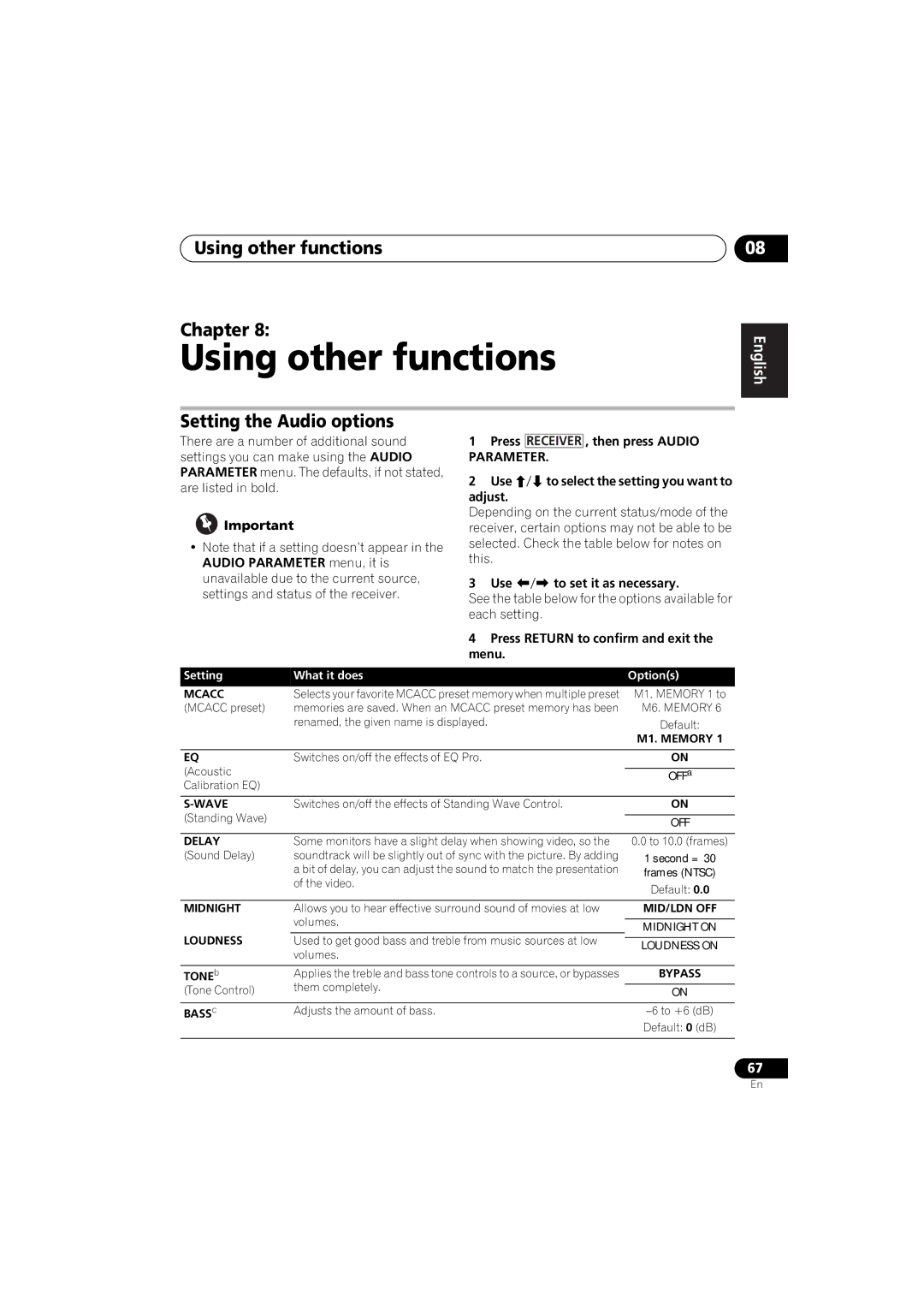 Pioneer 1020 manual Using other functions Chapter, Setting the Audio options, Use / to set it as necessary 