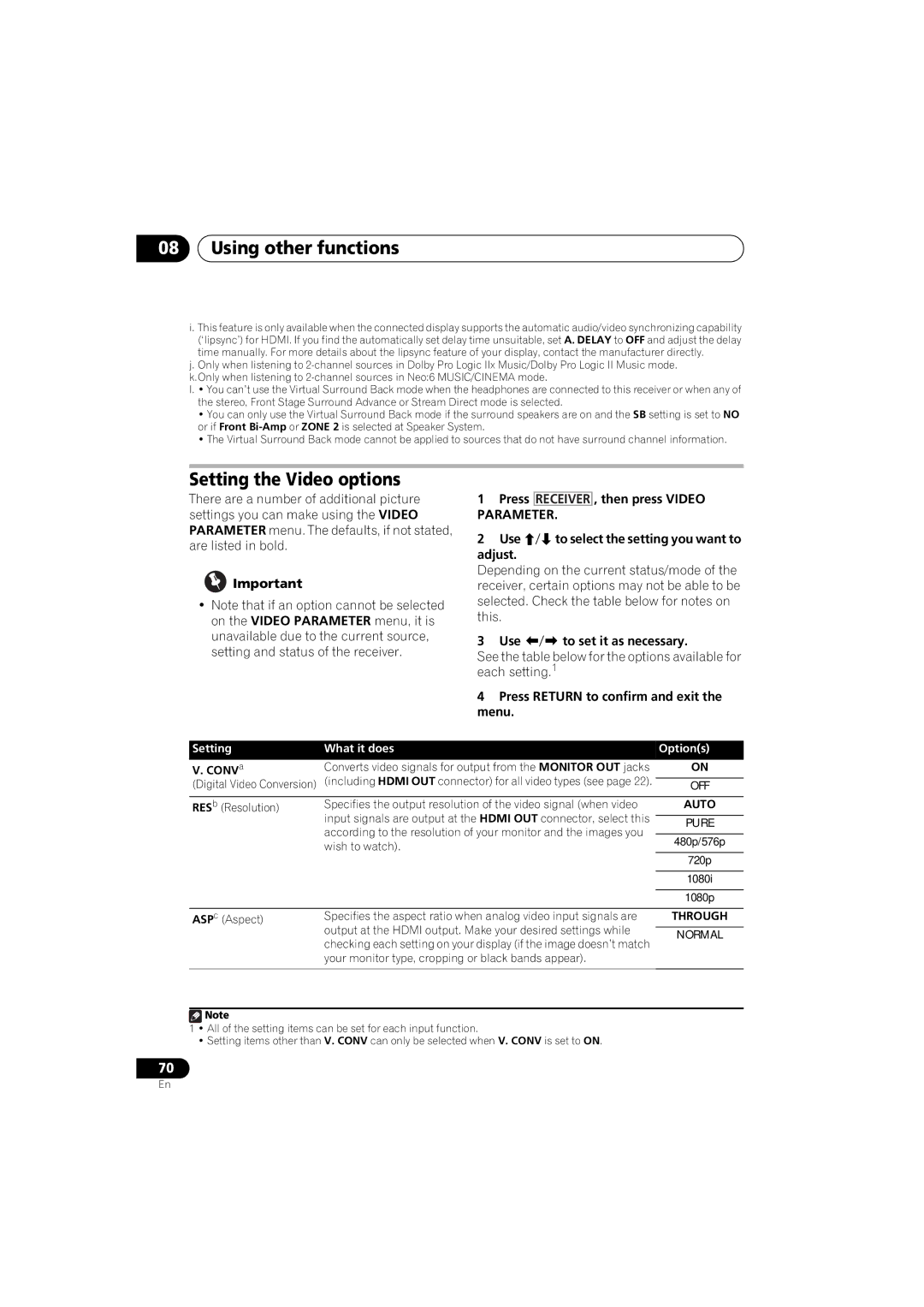 Pioneer 1020 manual Setting the Video options, CONVa 