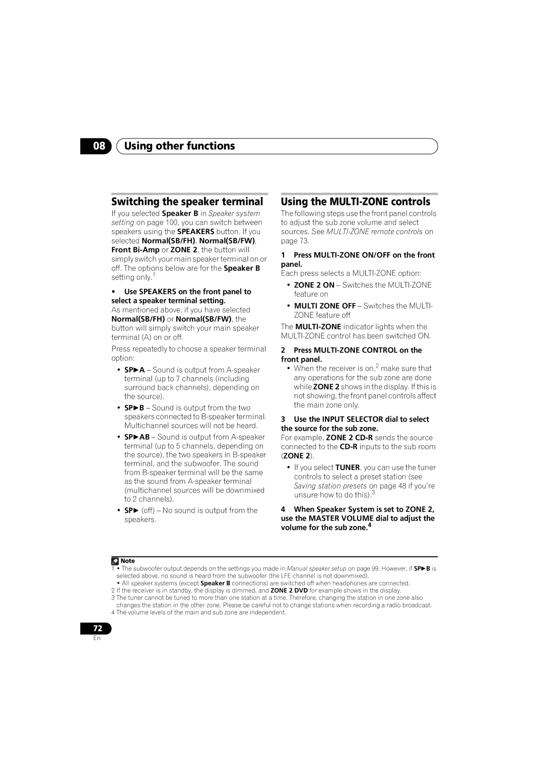 Pioneer 1020 manual Using other functions Switching the speaker terminal, Using the MULTI-ZONE controls 