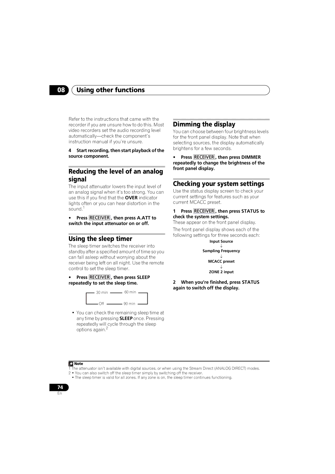 Pioneer 1020 manual Reducing the level of an analog signal, Using the sleep timer, Dimming the display 