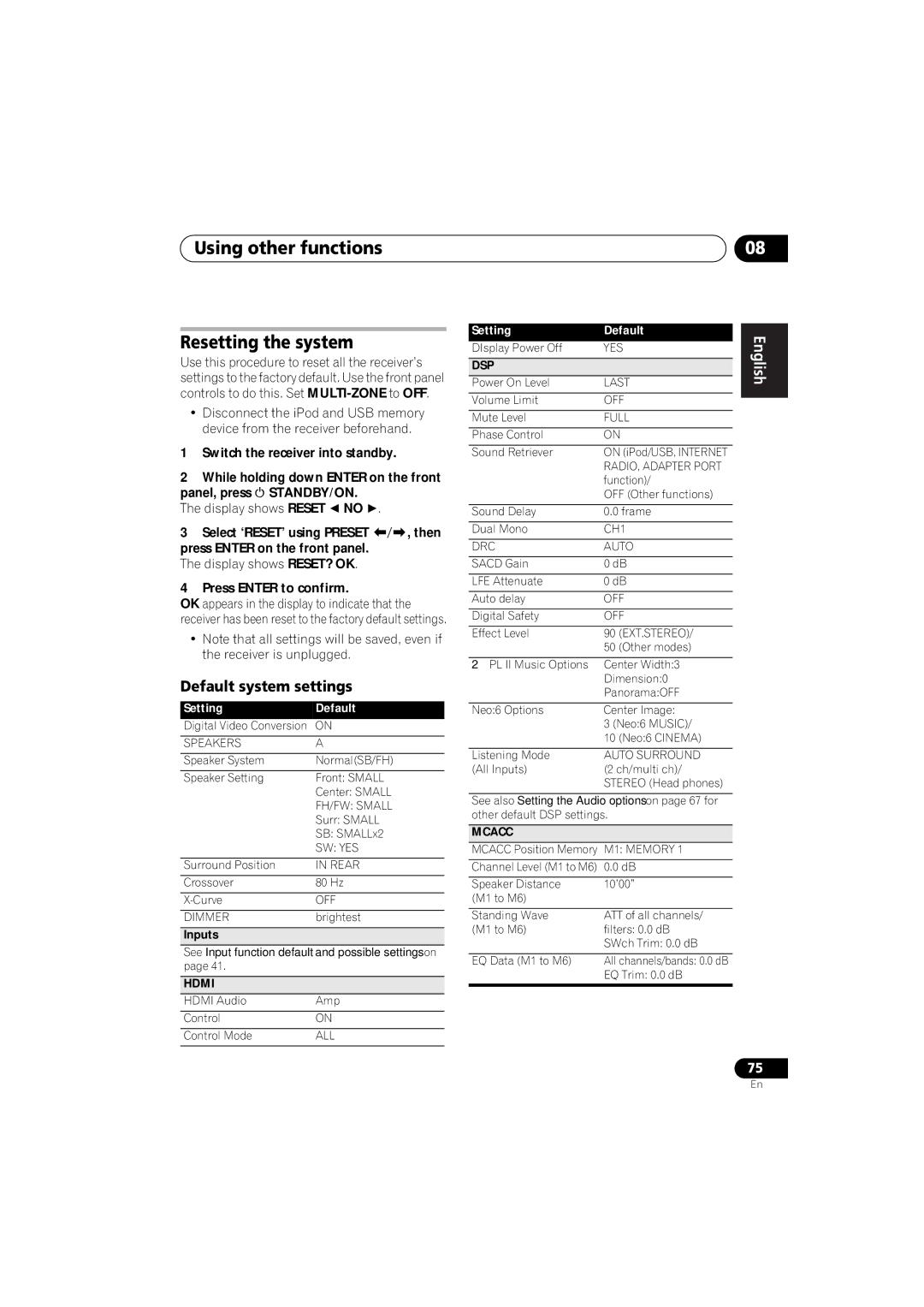 Pioneer 1020 manual Using other functions Resetting the system, Default system settings, Display shows Reset  no  