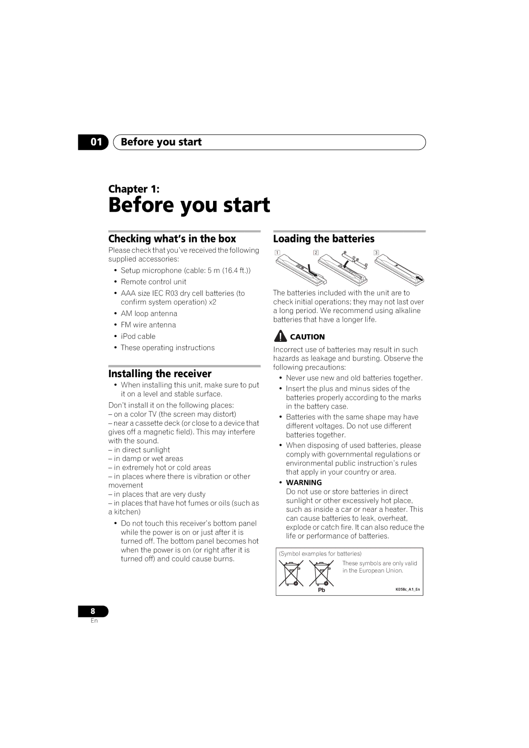 Pioneer 1020 Before you start Chapter, Checking what’s in the box, Installing the receiver, Loading the batteries 