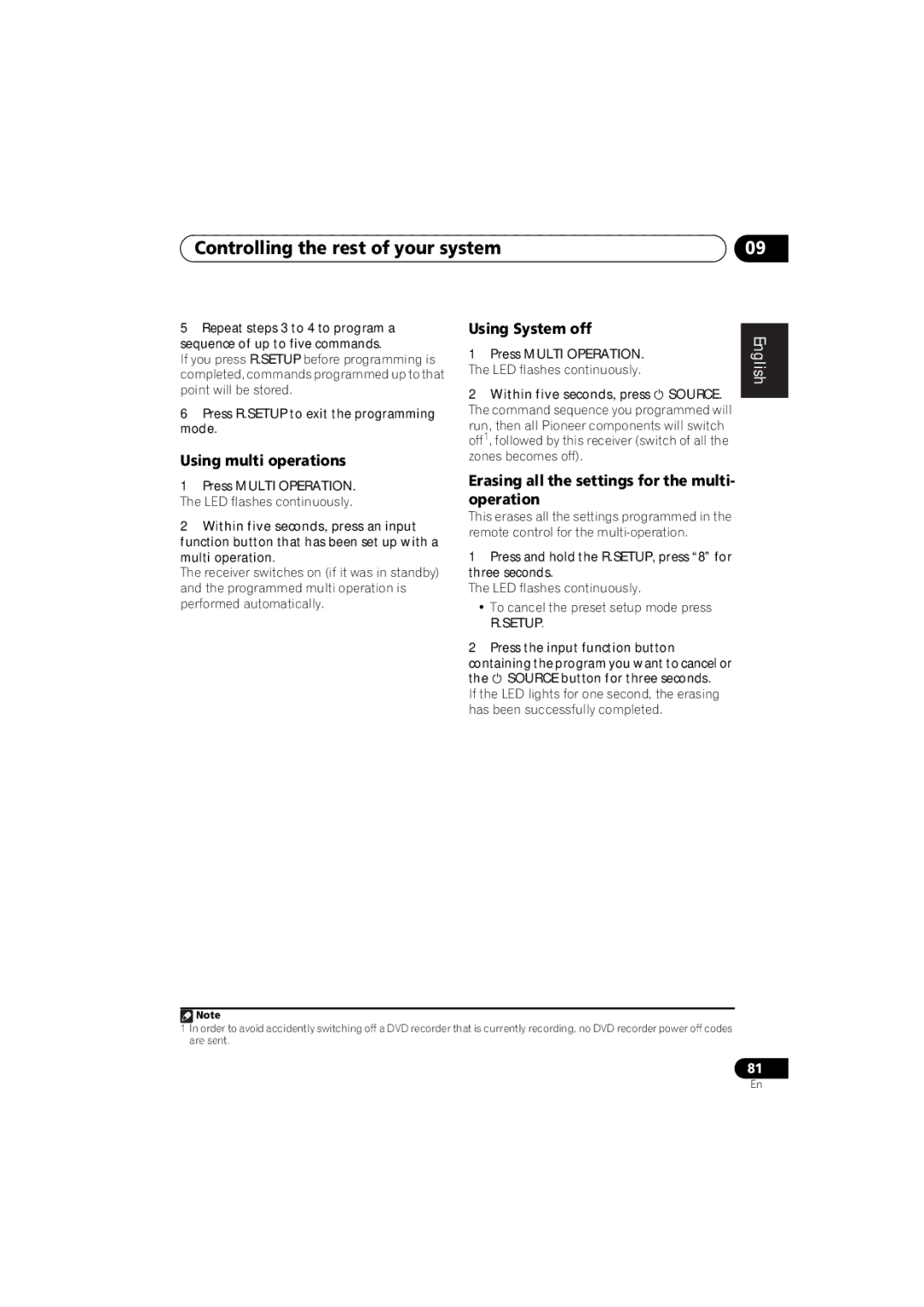 Pioneer 1020 manual Using multi operations, Using System off, Erasing all the settings for the multi- operation 
