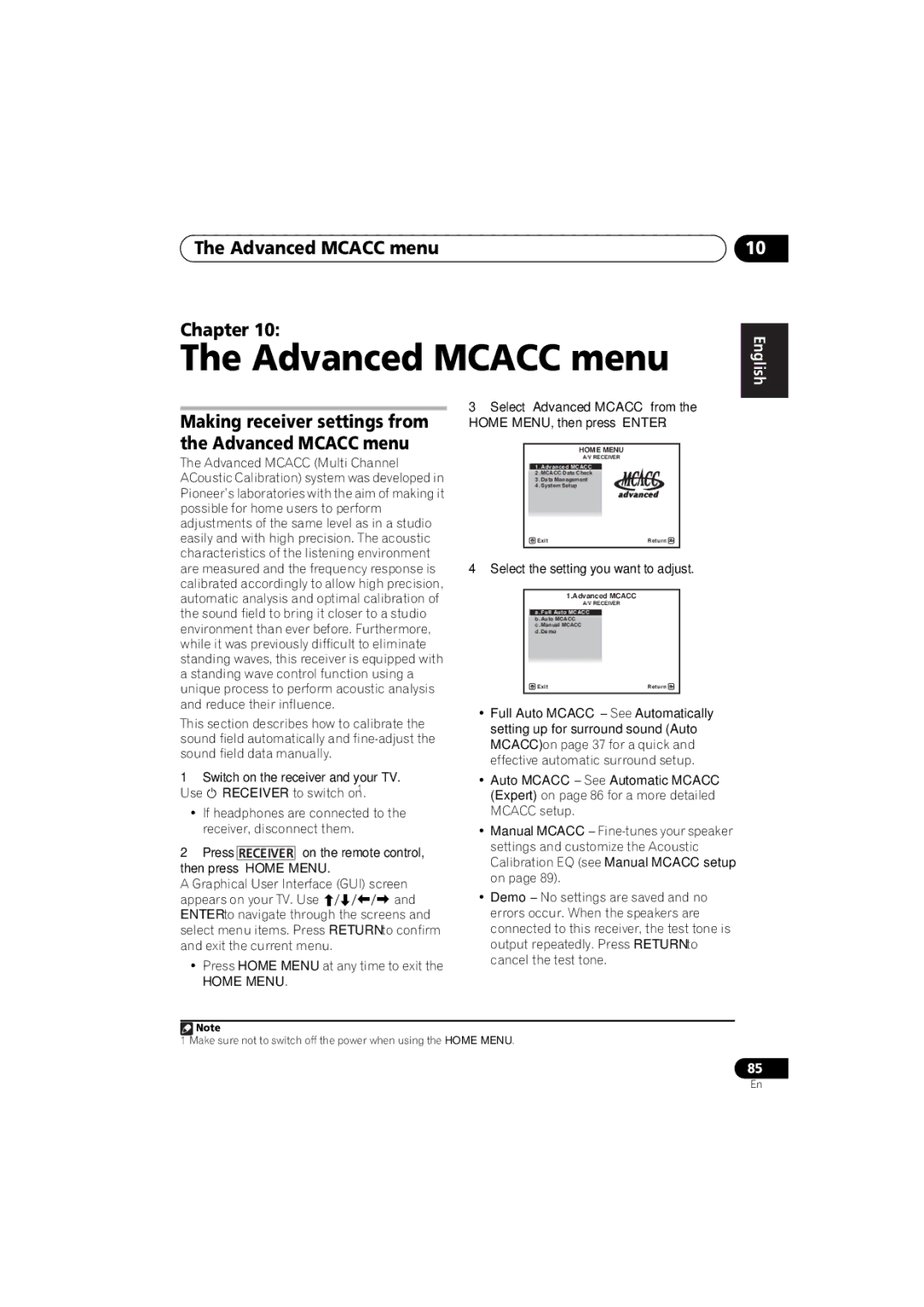 Pioneer 1020 manual Advanced Mcacc menu Chapter, Making receiver settings from the Advanced Mcacc menu, Home Menu 