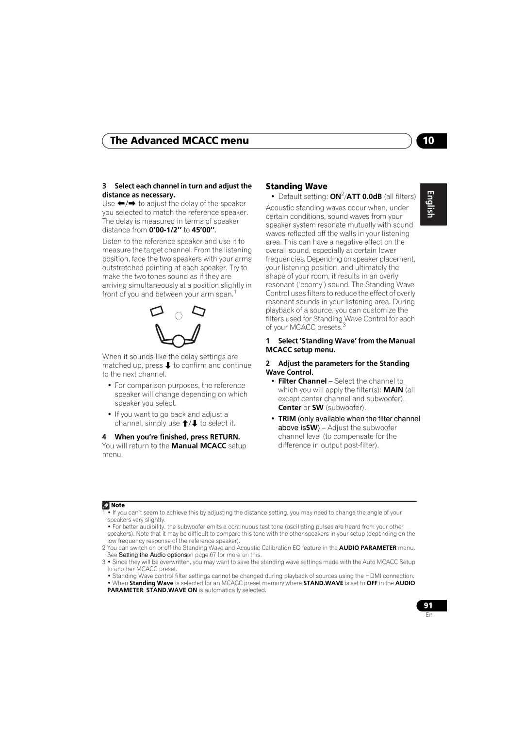 Pioneer 1020 manual Standing Wave, Distance as necessary, Select each channel in turn and adjust 