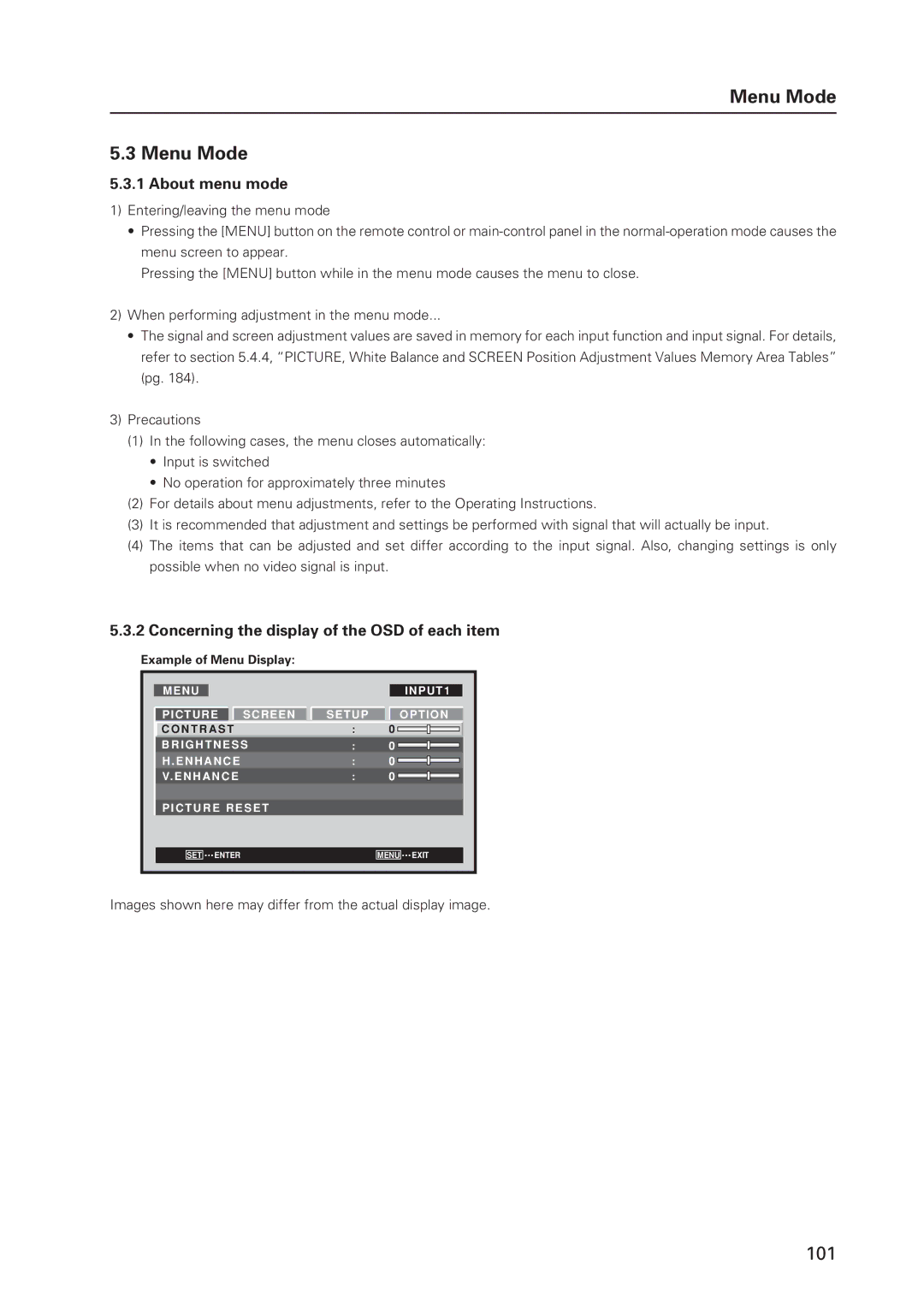 Pioneer 12 Menu Mode, About menu mode, Concerning the display of the OSD of each item, Example of Menu Display 