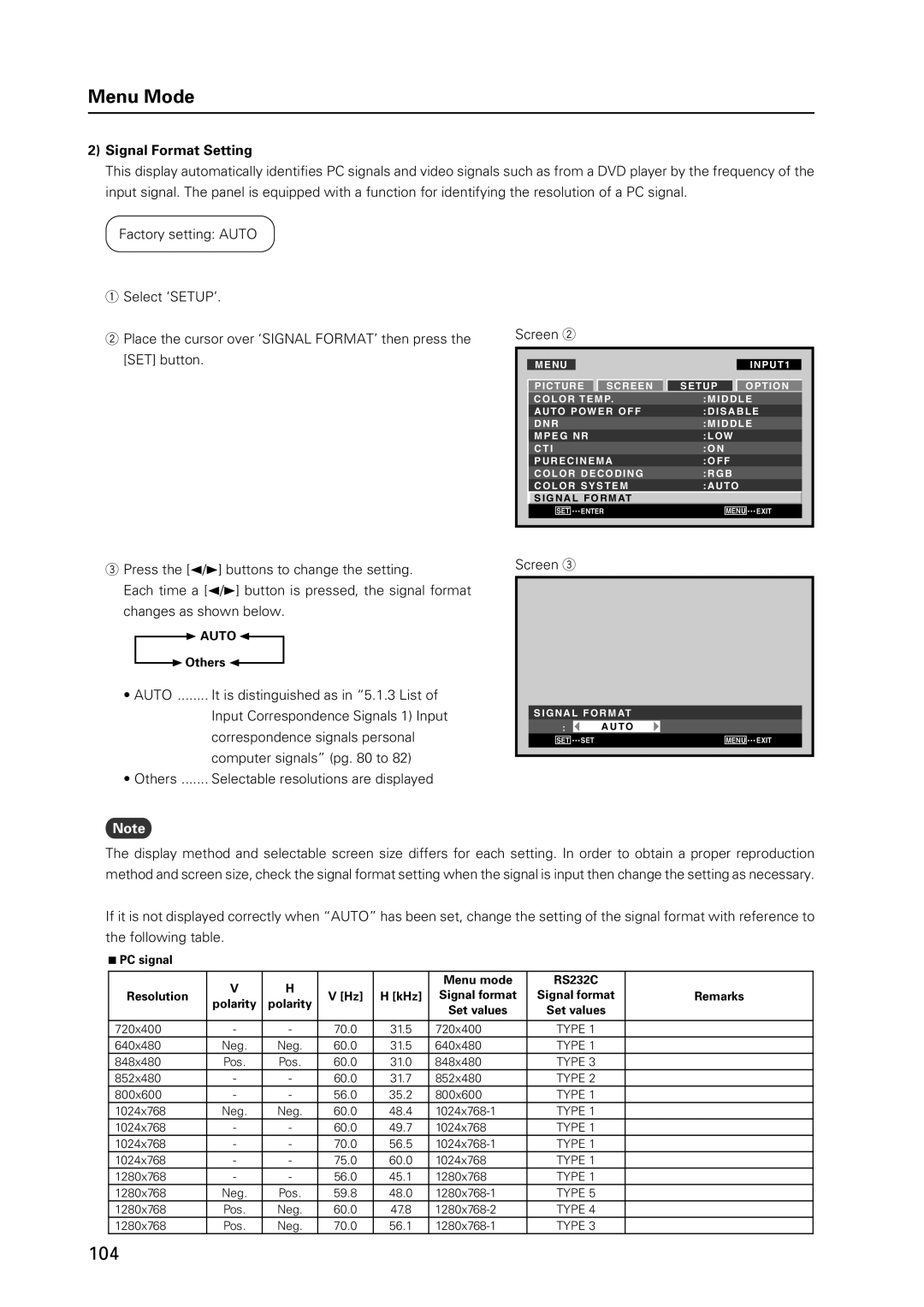 Pioneer 12 technical manual Signal Format Setting, Others ....... Selectable resolutions are displayed Screen, Auto Others 