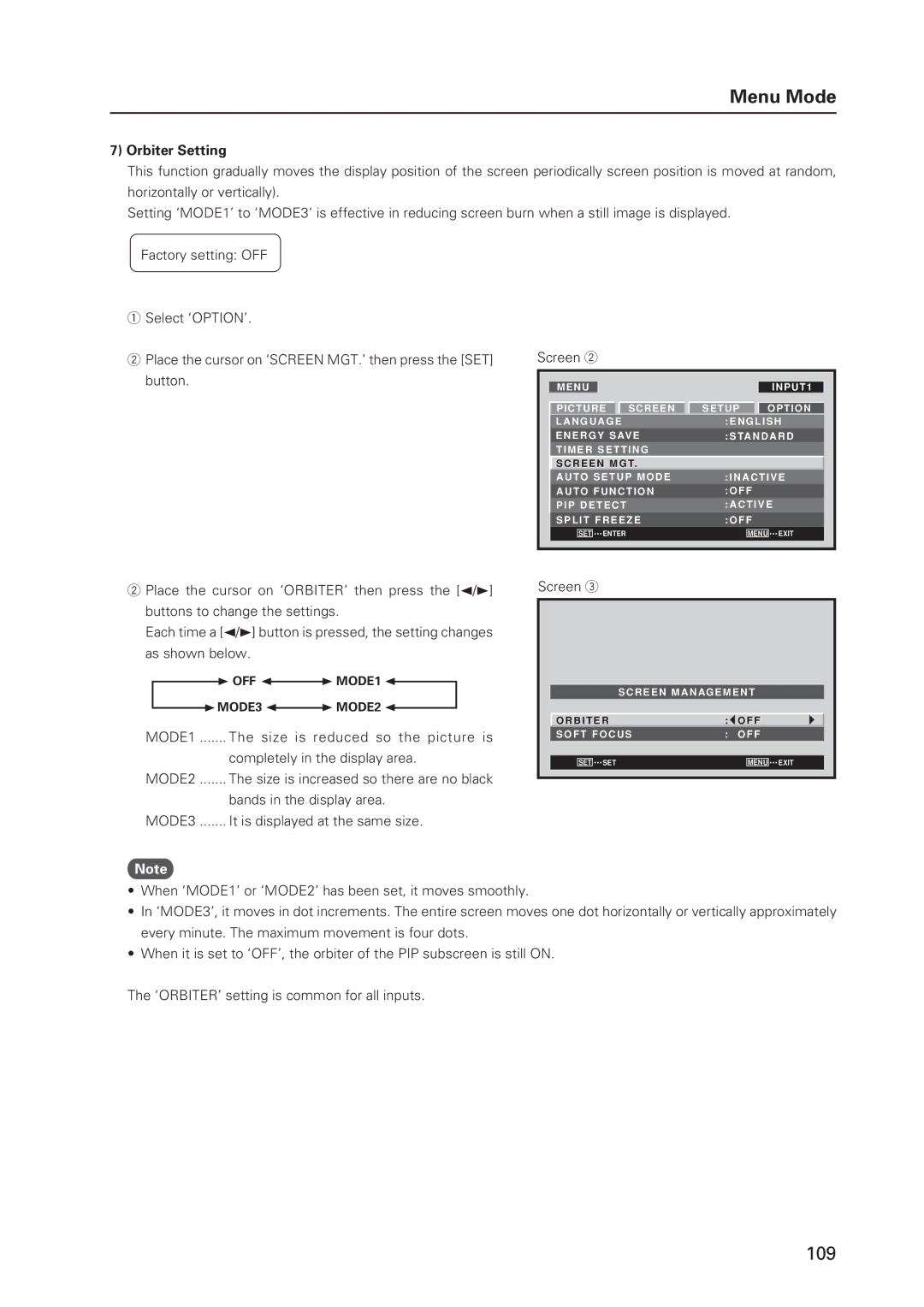 Pioneer 12 technical manual Orbiter Setting, OFF MODE1 MODE3 MODE2 