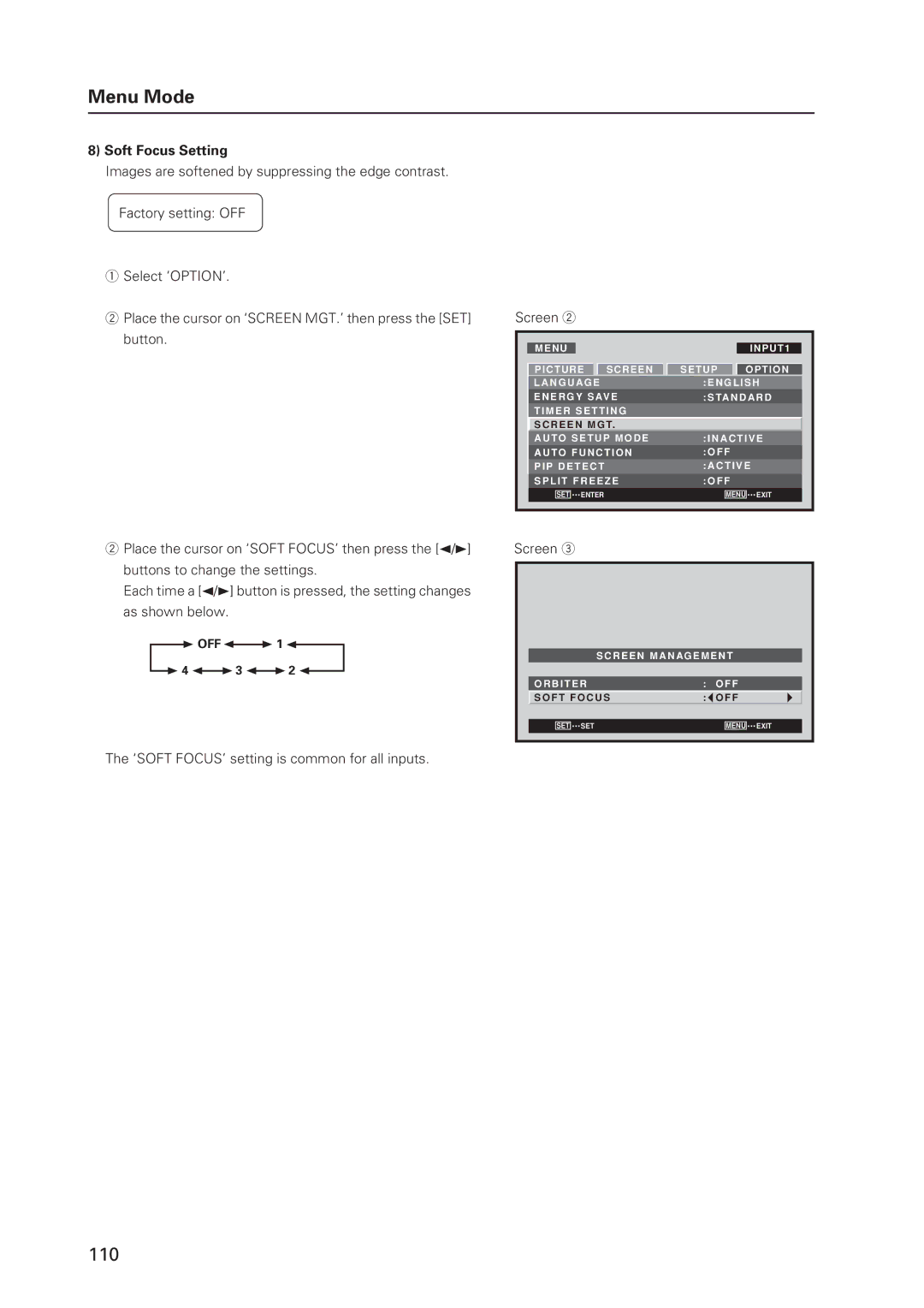 Pioneer 12 technical manual Soft Focus Setting, ‘SOFT FOCUS’ setting is common for all inputs Screen 