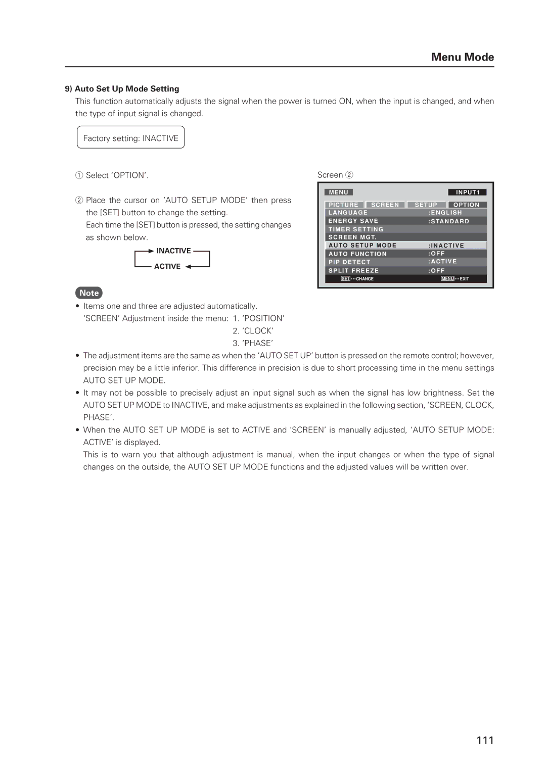 Pioneer 12 technical manual Auto Set Up Mode Setting, Auto SET UP Mode 