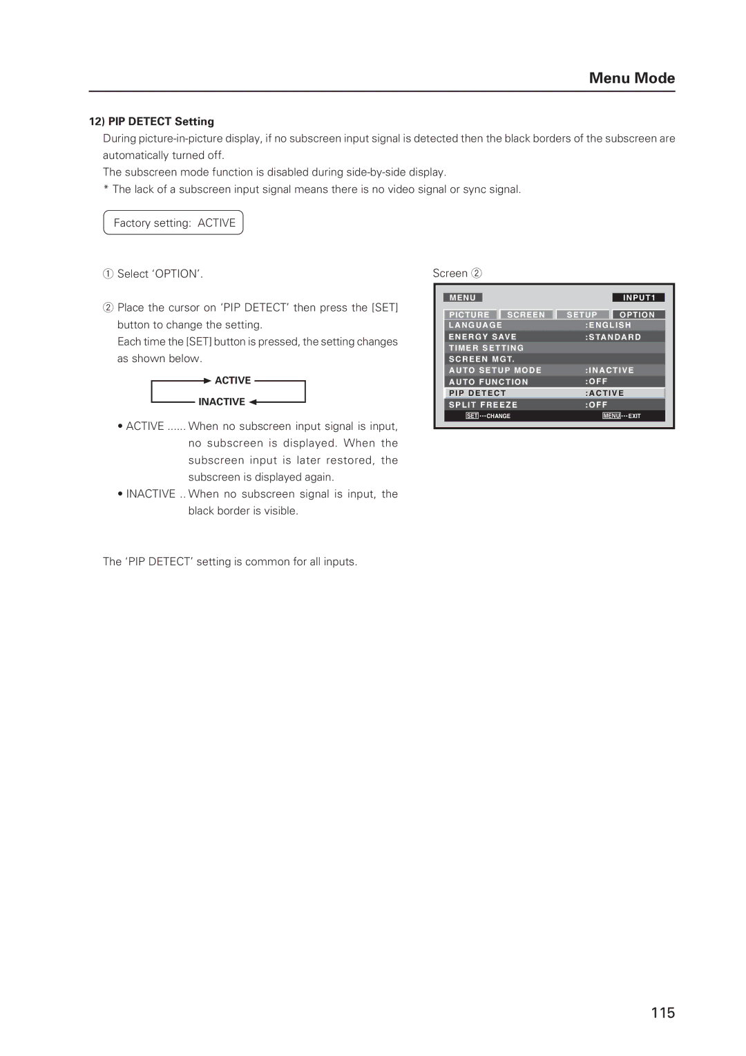 Pioneer 12 technical manual PIP Detect Setting, ‘PIP DETECT’ setting is common for all inputs 