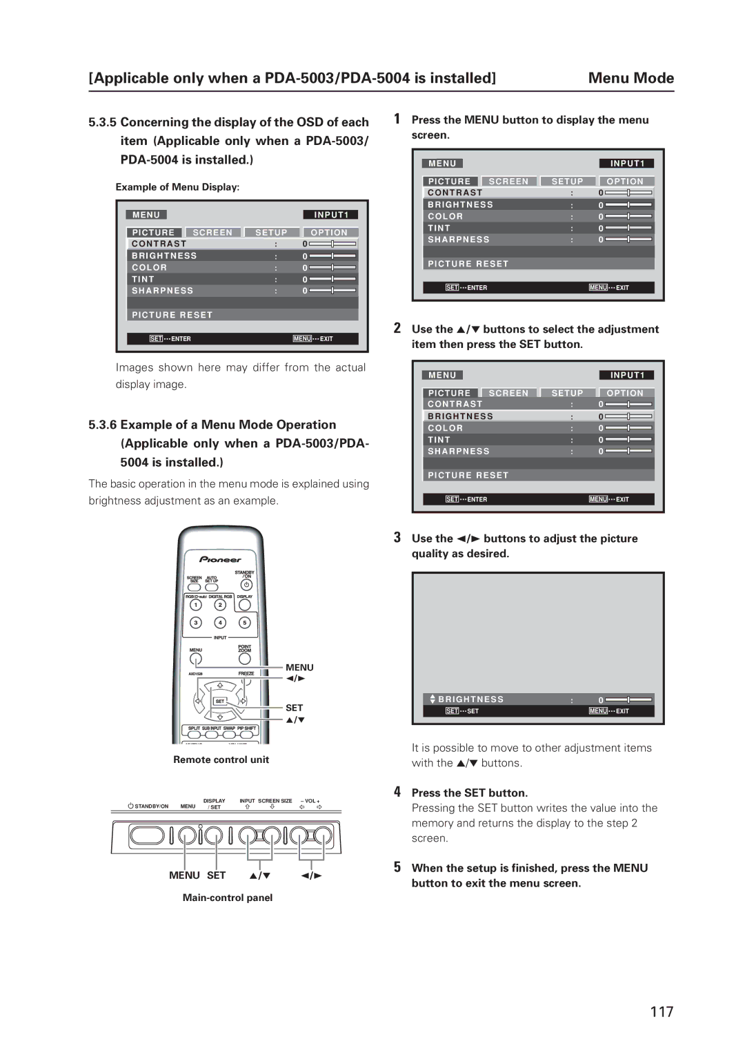 Pioneer 12 Concerning the display of the OSD of each, Item Applicable only when a PDA-5003 PDA-5004 is installed, Screen 