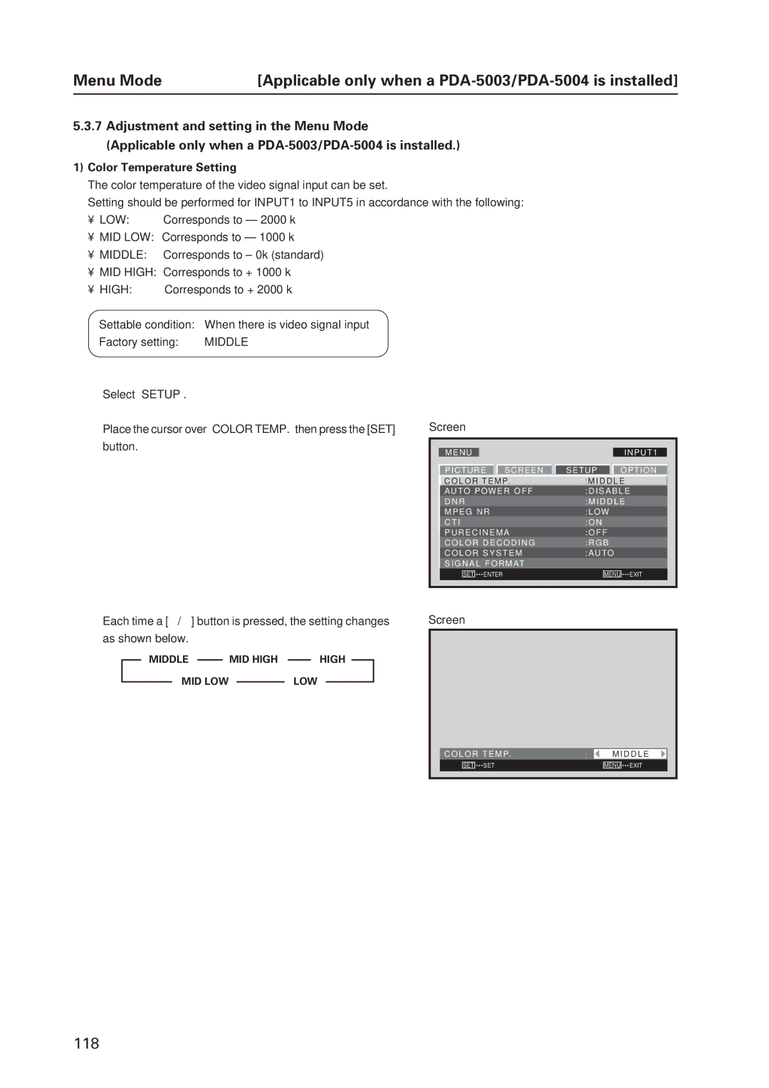 Pioneer 12 technical manual Color Temperature Setting, High, Low 