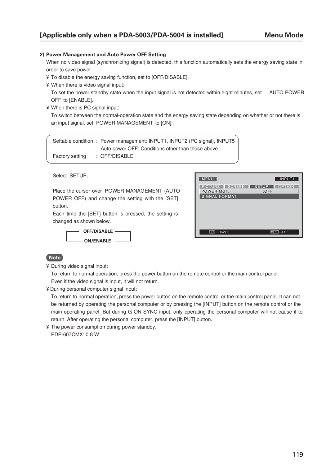 Pioneer 12 Power Management and Auto Power OFF Setting, Off/Disable, Place the cursor over ‘POWER Management Auto 