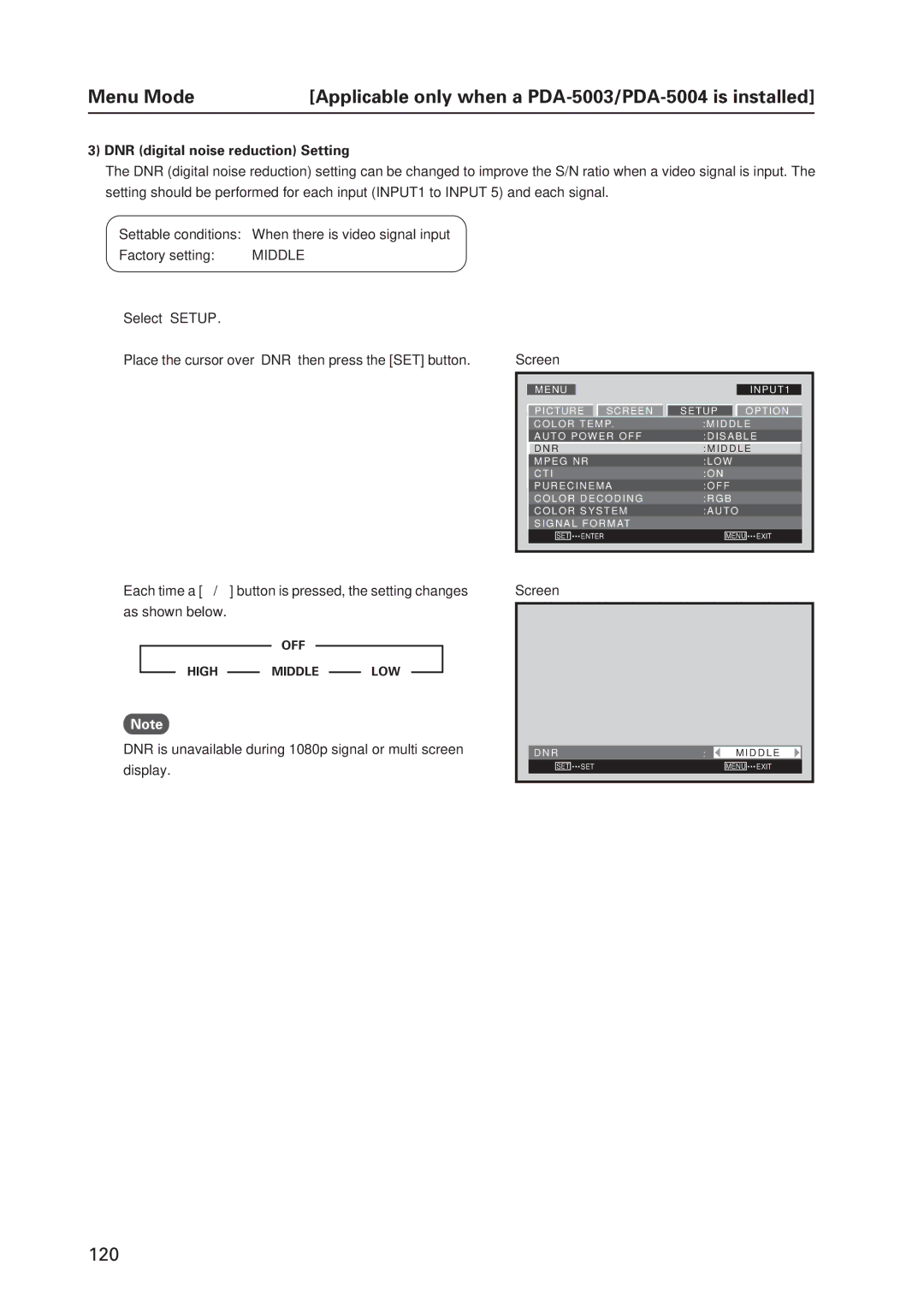 Pioneer 12 technical manual DNR digital noise reduction Setting, OFF High 2 3 Middle 2 3 LOW 