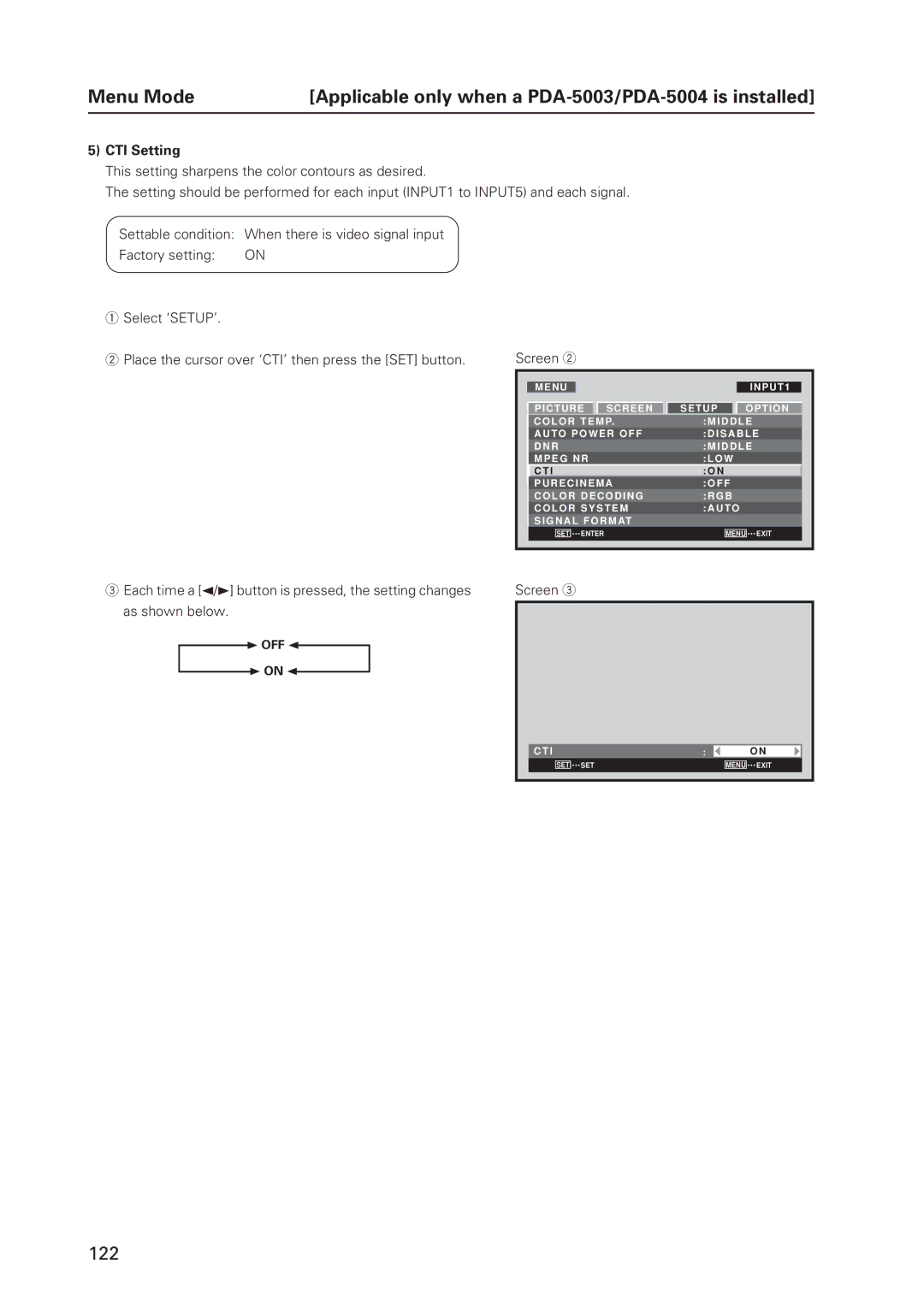 Pioneer 12 technical manual CTI Setting, Off 