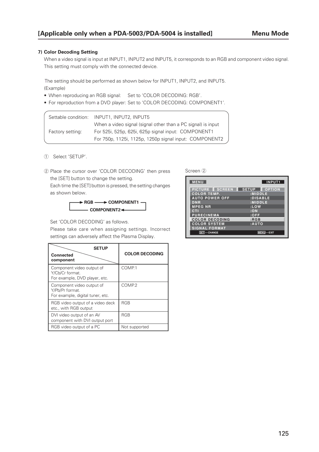 Pioneer 12 technical manual Color Decoding Setting, INPUT1, INPUT2, INPUT5, Connected 