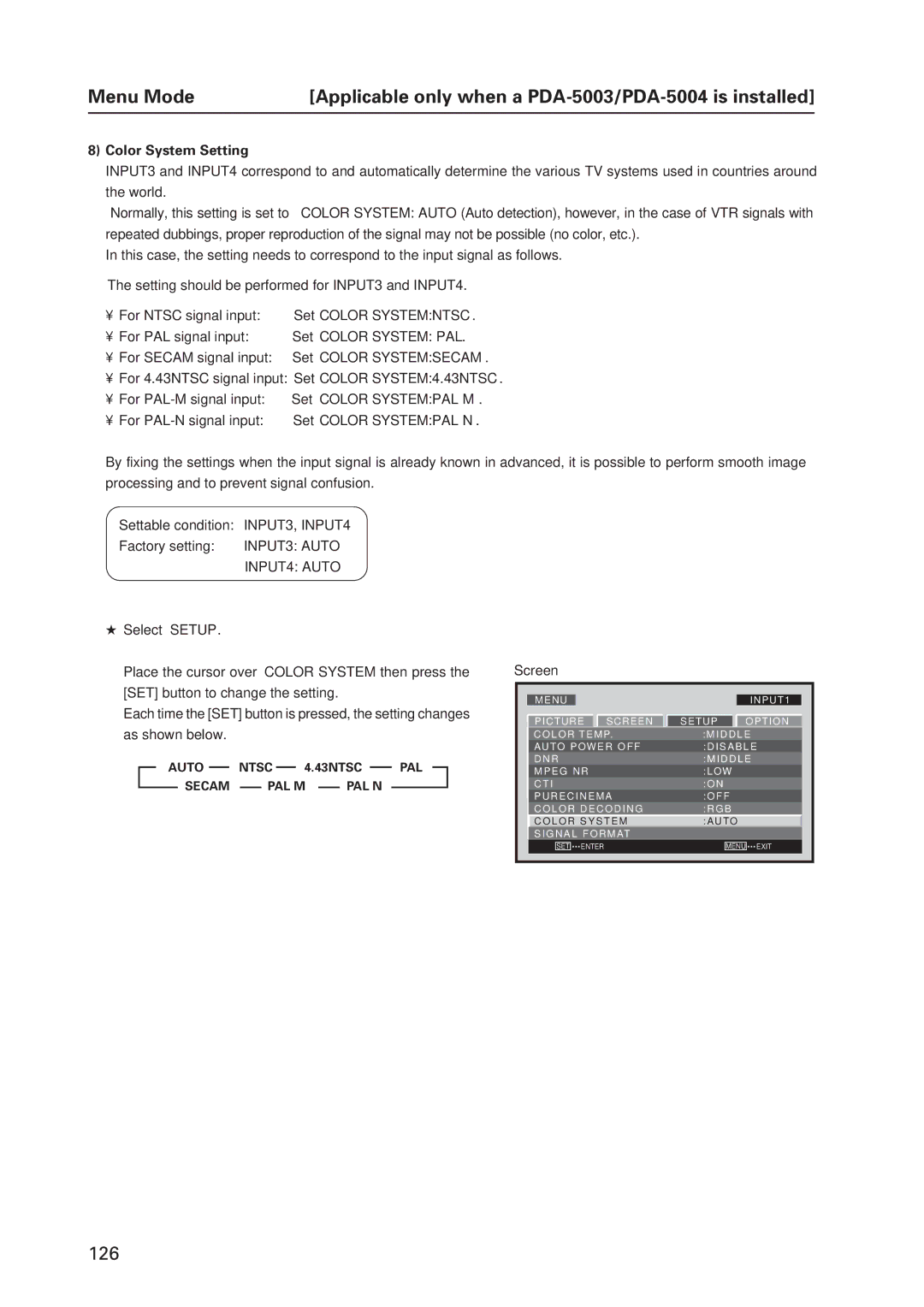 Pioneer 12 technical manual Color System Setting, INPUT4 Auto 