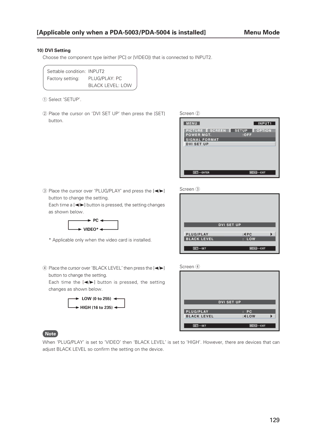 Pioneer 12 technical manual DVI Setting, Plug/Play Pc, PC 2 3 Video, LOW 0 to 255 High 16 to 235 