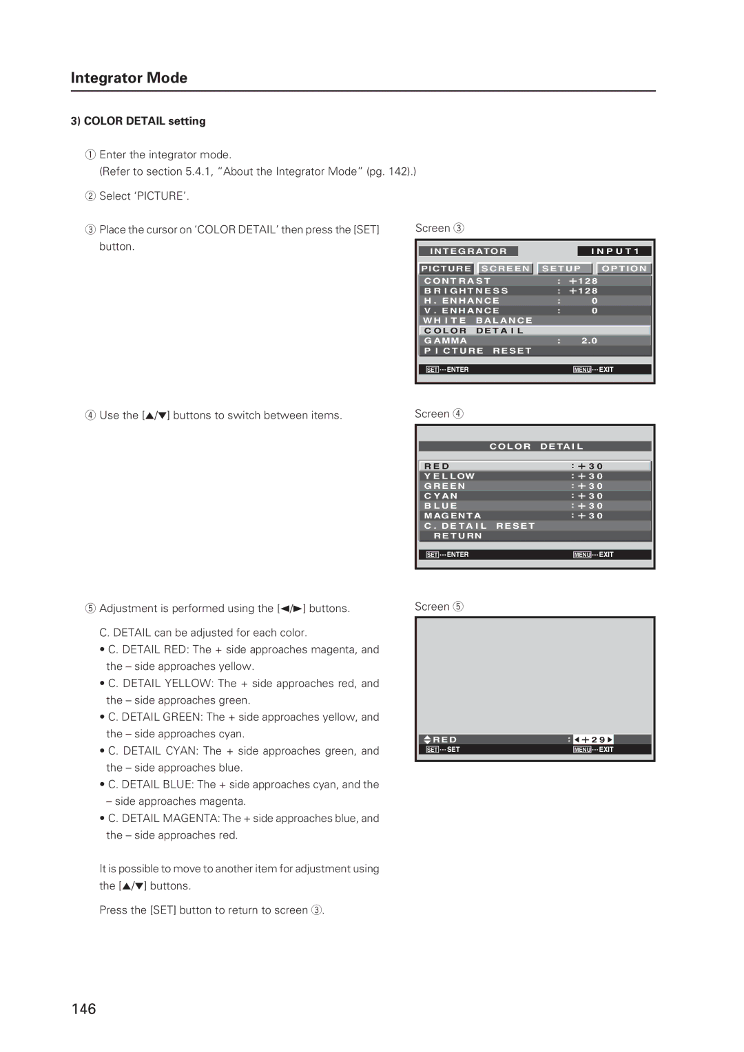 Pioneer 12 technical manual Color Detail setting, Use the 5/ ∞ buttons to switch between items Screen 