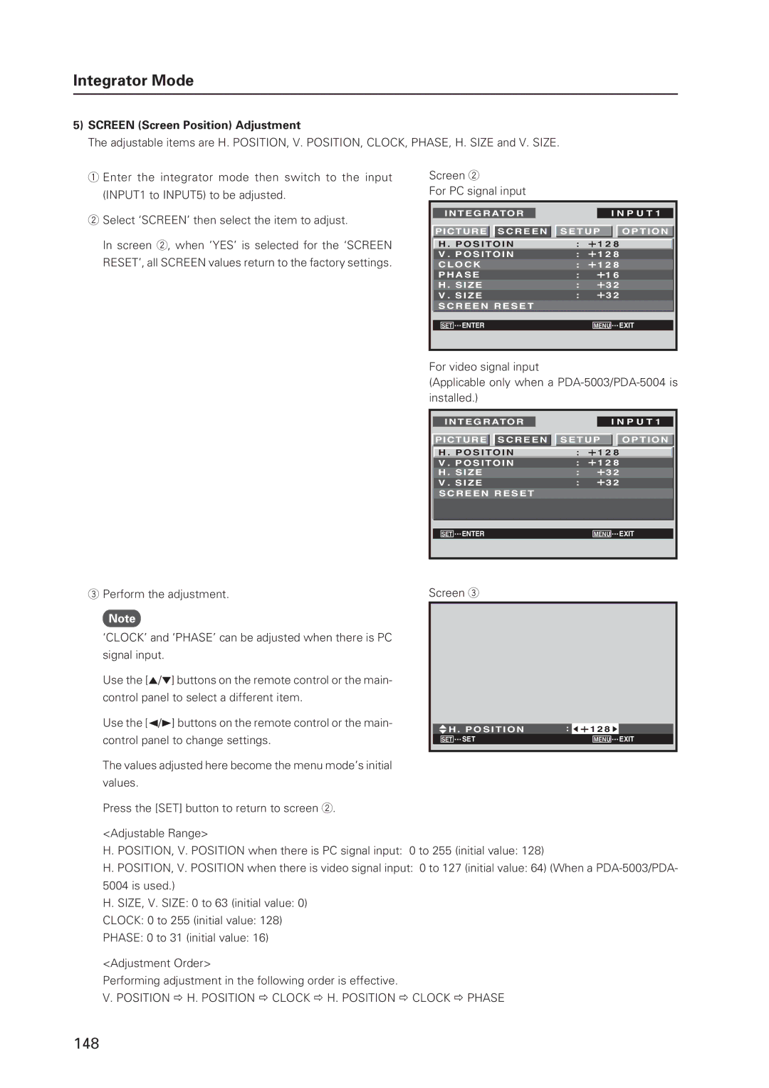 Pioneer 12 technical manual Screen Screen Position Adjustment, Screen For PC signal input 