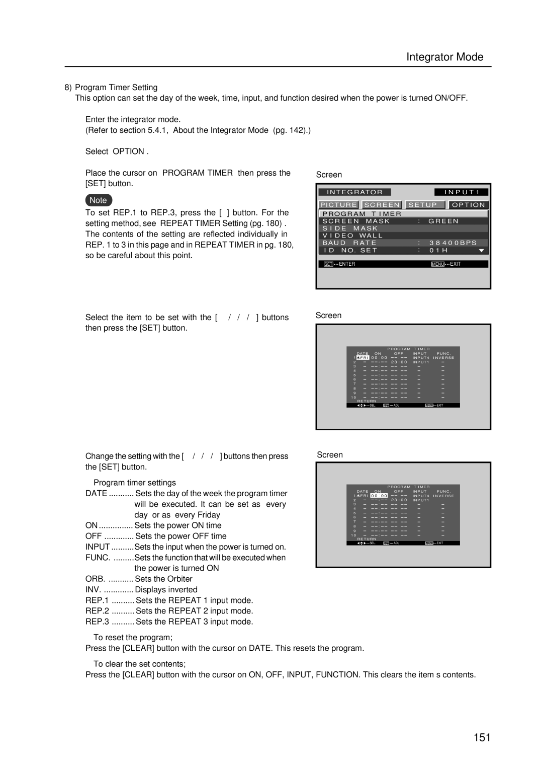 Pioneer 12 technical manual Program Timer Setting, Program timer settings, To reset the program, To clear the set contents 