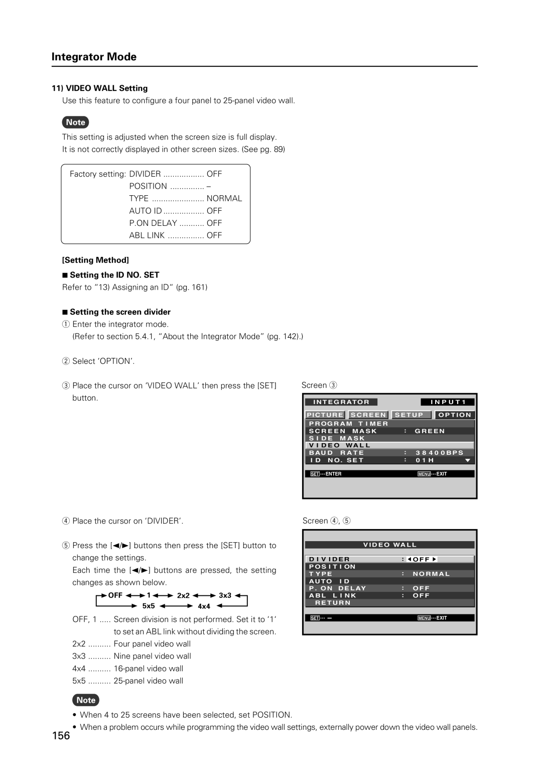 Pioneer 12 Video Wall Setting, Position Type Normal Auto ID OFF On Delay ABL Link, Setting Method Setting the ID NO. SET 