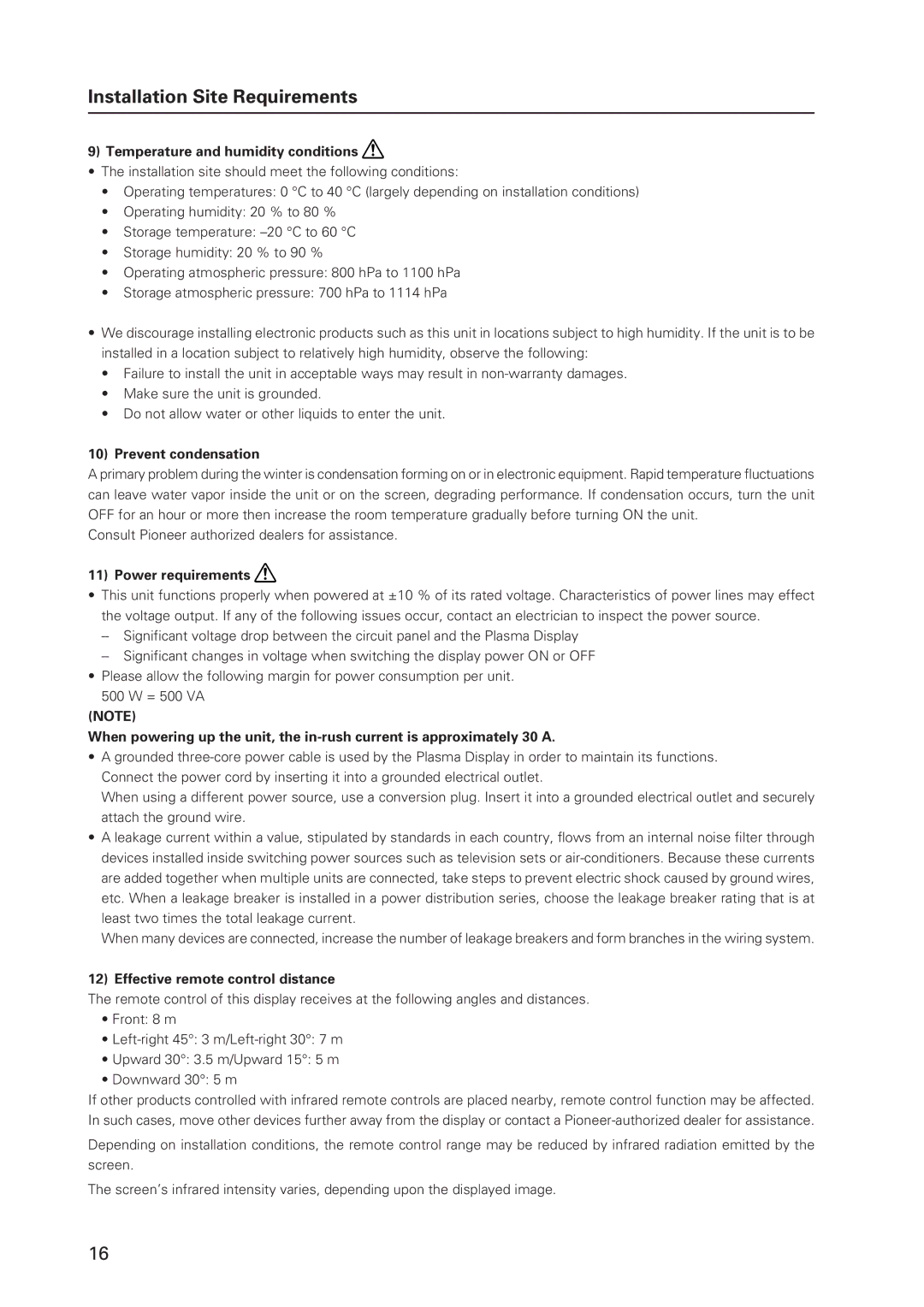 Pioneer 12 technical manual Temperature and humidity conditions, Prevent condensation, Power requirements 