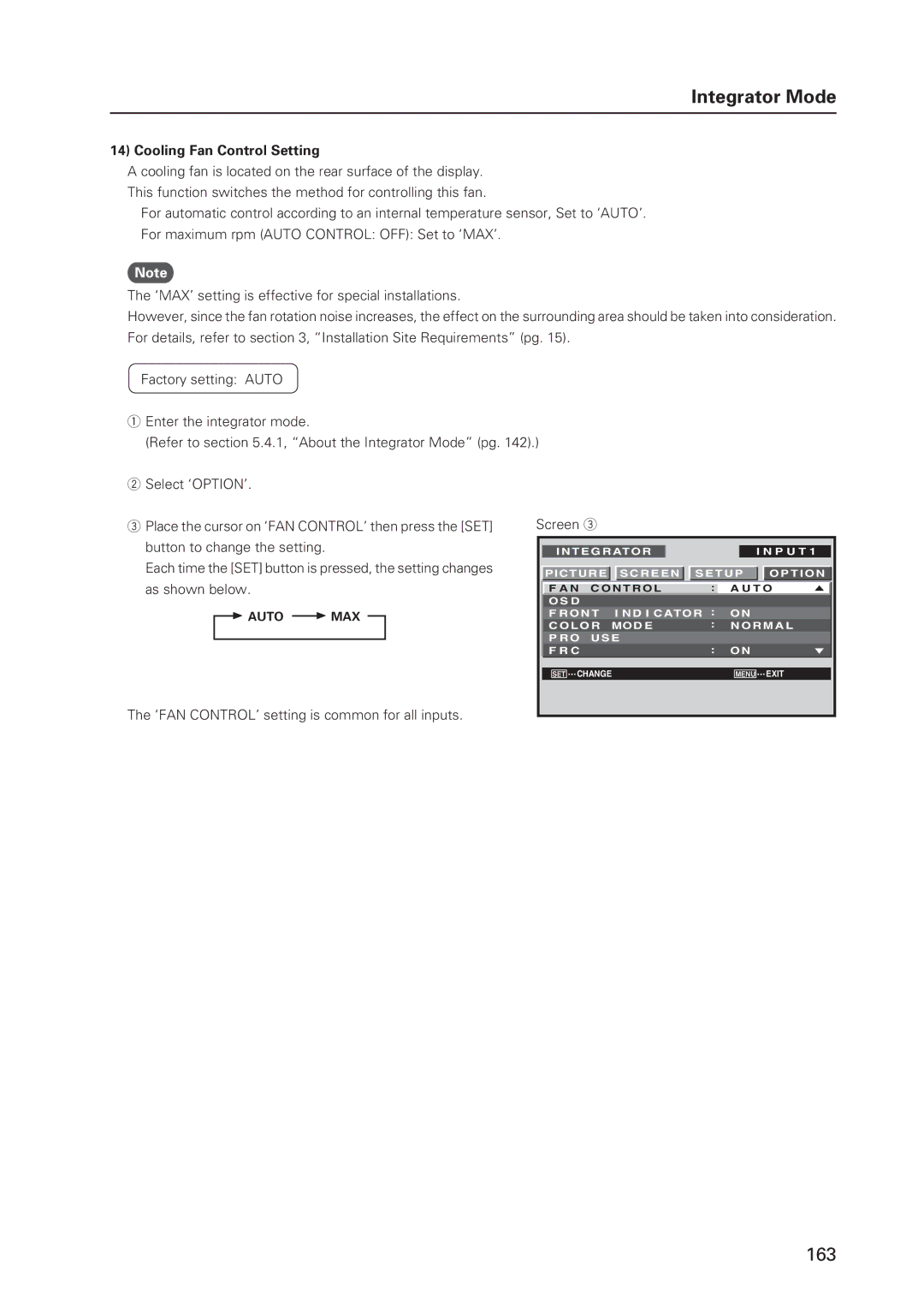 Pioneer 12 technical manual Cooling Fan Control Setting, ‘FAN CONTROL’ setting is common for all inputs Screen, Max 