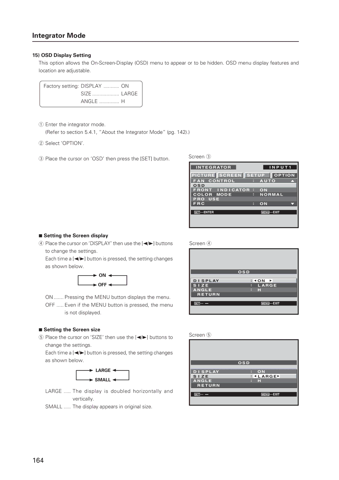 Pioneer 12 technical manual OSD Display Setting, Setting the Screen display, Setting the Screen size 