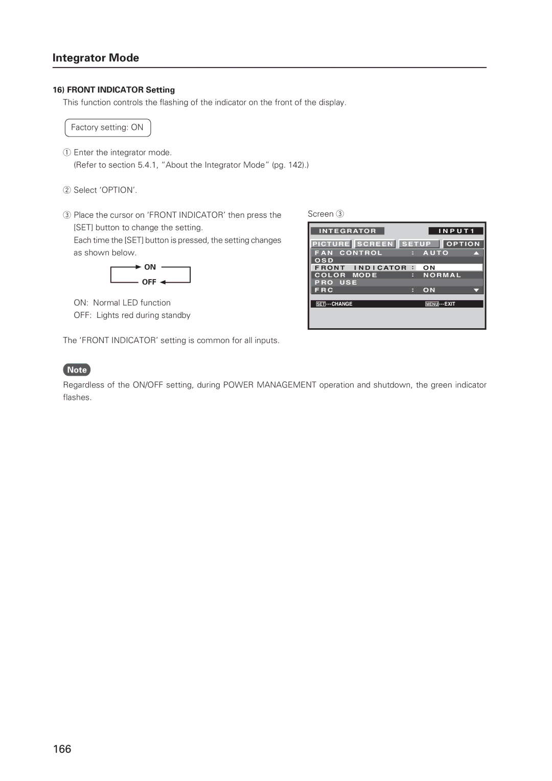 Pioneer 12 technical manual Front Indicator Setting, On Normal LED function OFF Lights red during standby Screen, On OFF 