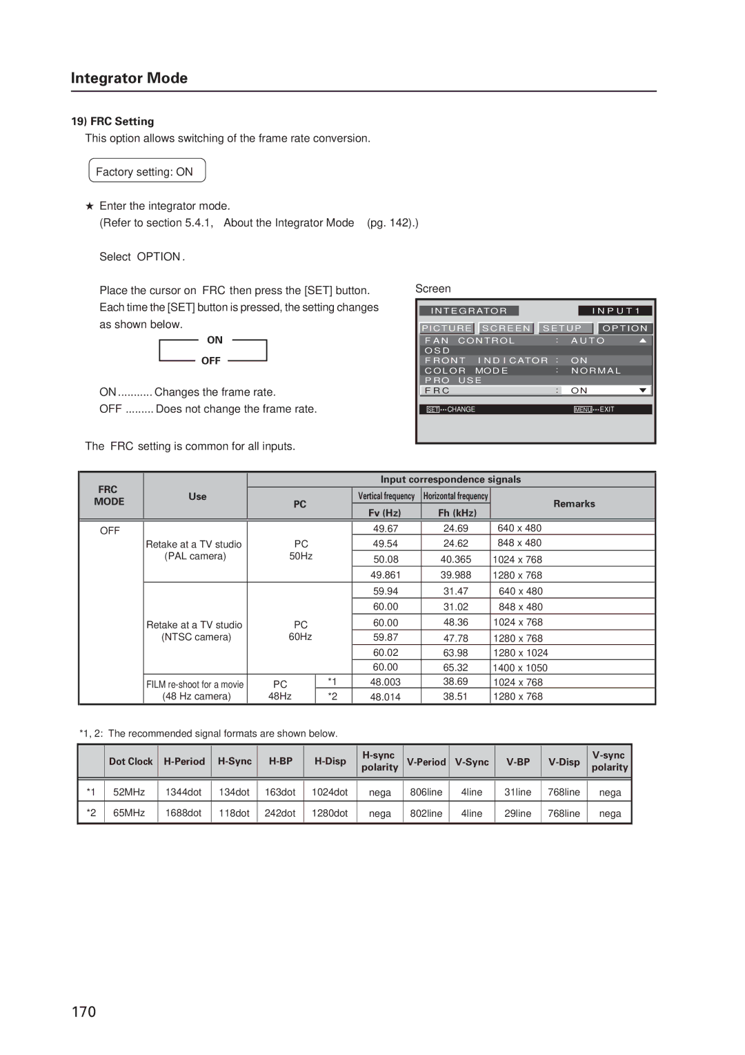 Pioneer 12 technical manual FRC Setting, Changes the frame rate, ‘FRC’ setting is common for all inputs Screen 