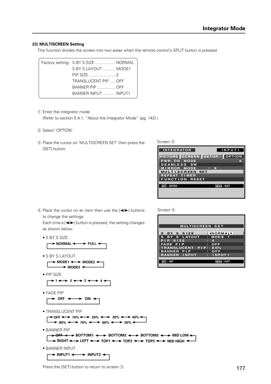 Pioneer 12 technical manual Multiscreen Setting, By S Size, By S Layout, PIP Size Fade PIP 