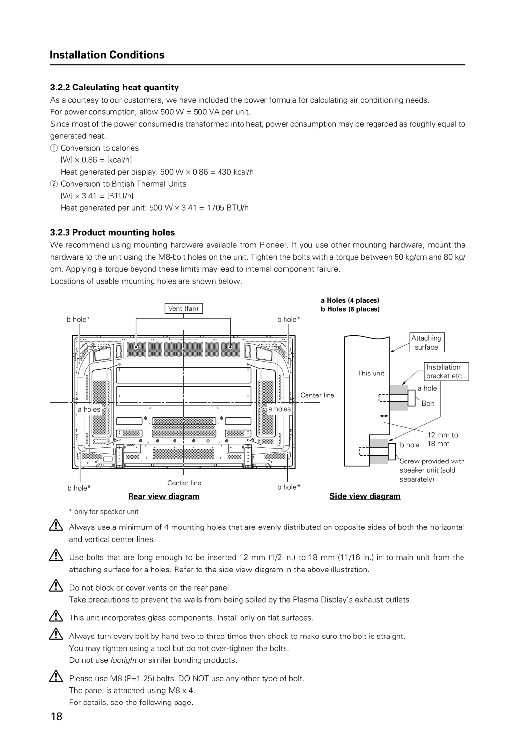 Pioneer 12 technical manual Calculating heat quantity, Product mounting holes, Rear view diagram Side view diagram 