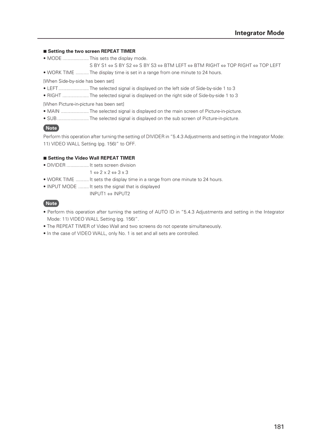 Pioneer 12 technical manual Setting the two screen Repeat Timer, Setting the Video Wall Repeat Timer 