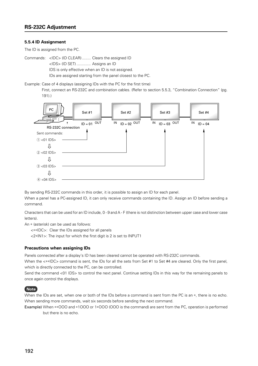 Pioneer 12 ID Assignment, Precautions when assigning IDs, ID is assigned from the PC Commands IDC ID Clear, Ids Id Set 