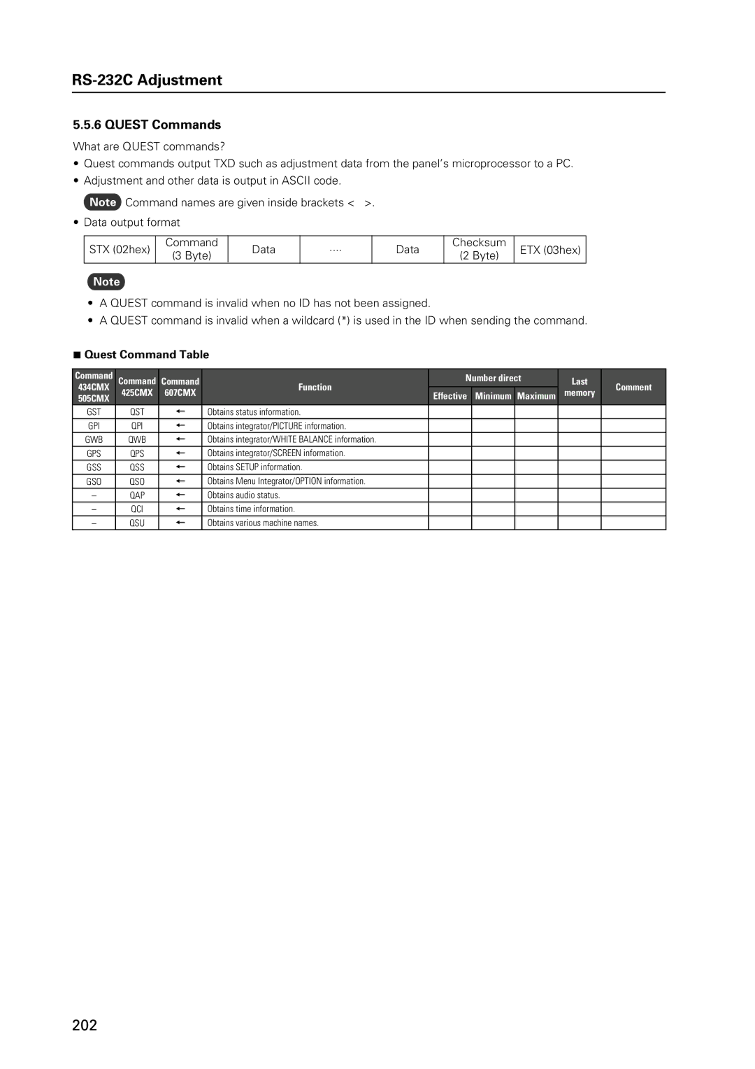 Pioneer 12 technical manual Quest Commands, Quest Command Table 