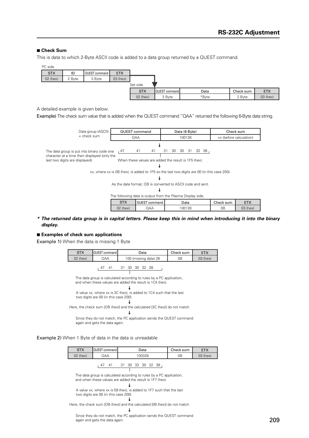 Pioneer 12 technical manual Check Sum, Examples of check sum applications, Example 1 When the data is missing 1 Byte 